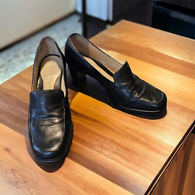 #ad Antonio Melani Pretty Black Leather Slip On Loafer High Heels Shoes Womans 7.5M $23.66