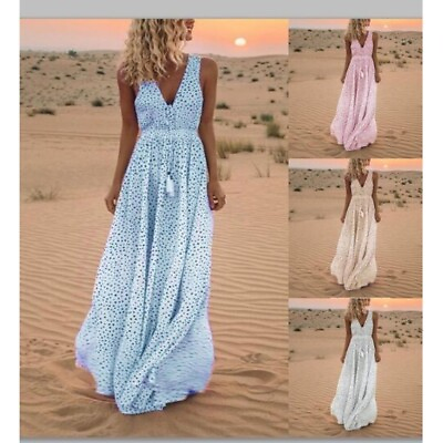 #ad Summer New V neck Sleeveless Long Dress Holiday Beach Polka Dot Bohemian Dress $29.19