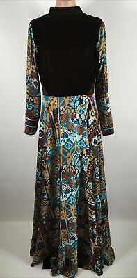 #ad Vintage 70s Blue amp; Brown Ikat Maxi Dress 1970s M L Mesh Cut out Full Skirt $120.00
