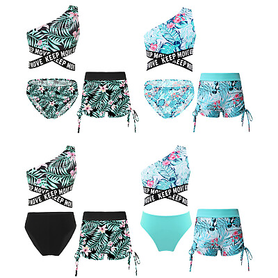 #ad Girls Swimwear Criss Cross Swimsuit Drawstring Set Hooded Briefs Waistline Tops $16.73
