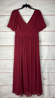#ad Ever Pretty Dress Womens 3XL Red Maxi Puff Sleeve Empire Waist Long Chiffon Slit $17.49