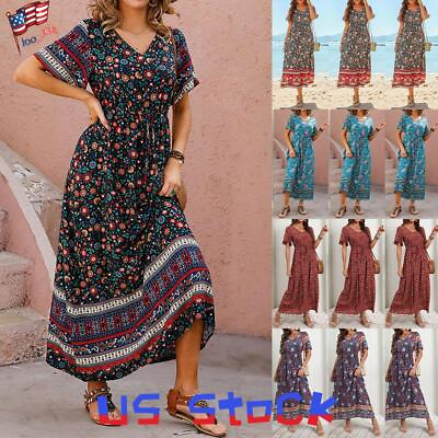 #ad Women#x27;s Boho Floral Maxi Long Dress Summer Beach Party Holiday Loose Sundress US $21.39
