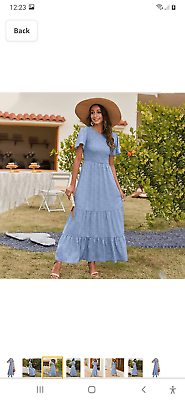 #ad New 2XL Pogtmm Floral Boho Maxi Dress Smocked Flowing Blue White Summer Dress $36.00