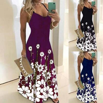 #ad Plus Size Womens Ladies Casual Summer Beach Sundress Floral Strappy Maxi Dresses $22.49