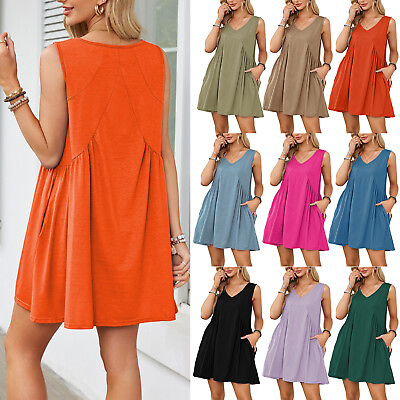 #ad Womens Dress Vacation Cover Up Summer Sundress Sleeveless Tank Ruffled Dresses $20.23