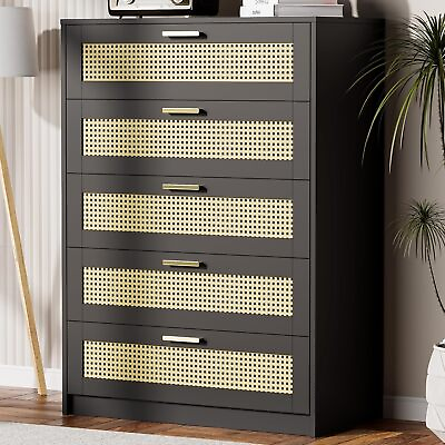 #ad Black Rattan Dresser 5 Drawer Boho Wood Dresser for Bedroom Chest of Drawers $183.98