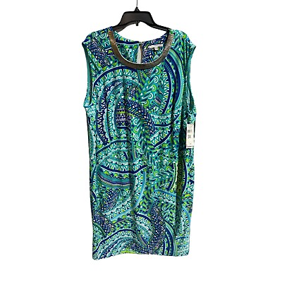 #ad NWT Studio One Dress 3X Women Blue Green Metal Neck $70 $29.95