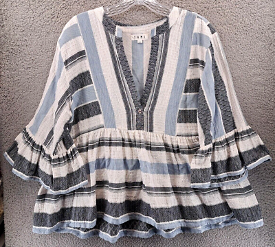 #ad Anthropology THML Top Blouse Womens Large Blue Peasant Boho Stripe Bell Sleeves $19.98