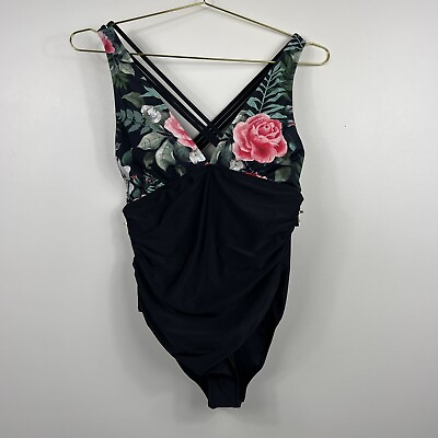#ad #ad CupShe Swimsuit One Piece Womans M Floral Roses Halter Top Black Ruching Slim $16.95