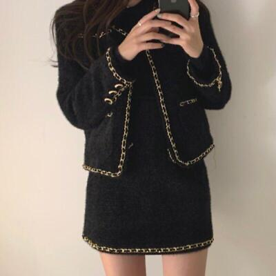 #ad Womens Tweed Set Korean Style Slim Fit Short Coats Jackets Mini Skirt Suit 2PCS $86.47