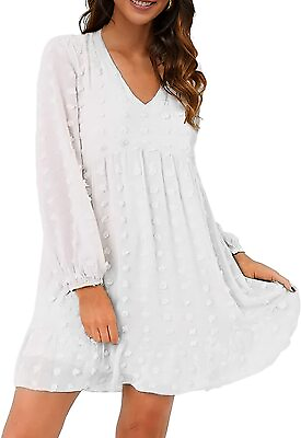 Blooming Jelly Womens White Dresses Flowy Babydoll Dress Chiffon Long Sleeve V N $59.41