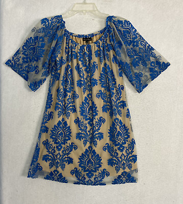 #ad Honey Punch Lace Overlay Dress S Blue Tan S S Sheer Sleeves Boho Paisley $29.99