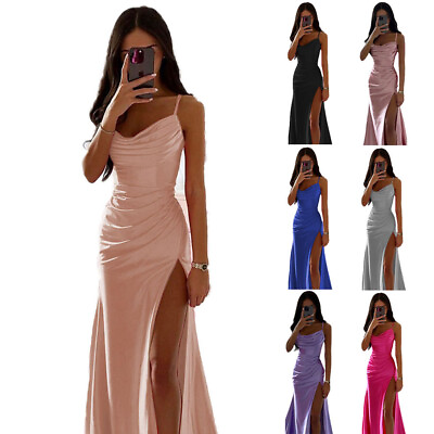 #ad Women Slit Strap Dress Satin Party Dress Summer Ball Gown Evening Dress GBP 12.33