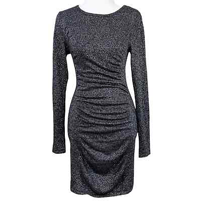 #ad Express Silver Metallic Shimmer Long Sleeve Ruched Front Bodycon Dress XS $45.95