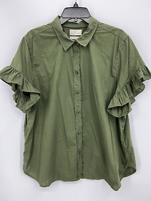 J Crew Top Womens Plus 20 Olive Green Ruffle Sleeve Button Up Boho Cotton $17.15