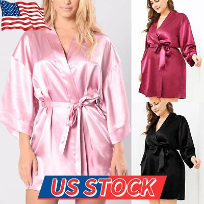 US Plus Women Night Robe Kimono Satin Silk Short Robe Dress Lingerie Nightdress $12.82
