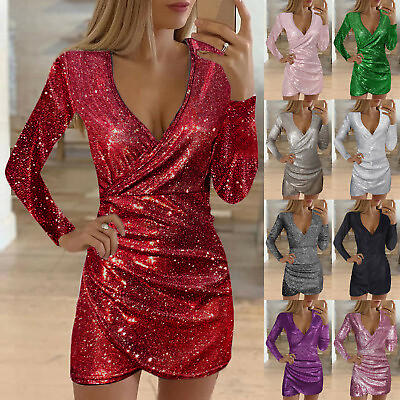 #ad Women Evening Party Sparkly Long Sleeve Cocktail V Neck Mini Wrap Dress Dress US $20.01
