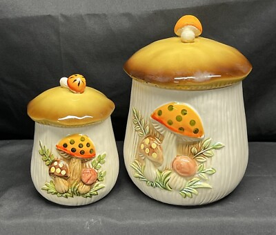 #ad 2 Vintage Merry Mushrooms Canisters Sears And Robuk Japan Made SEE PICTURES. $65.00
