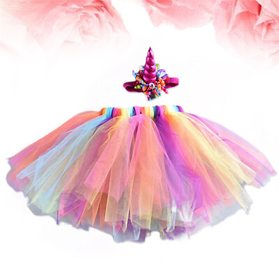 #ad #ad Children Rainbow Color Tutu Skirt Dress Unicorn Headwear Skirt Set for Girls $10.58