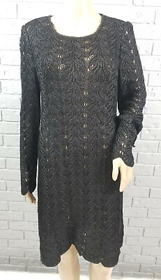 St John Evening Open Knit Dress Black Shimmer Detail Long Sleeve Cocktail Size 8 $58.99