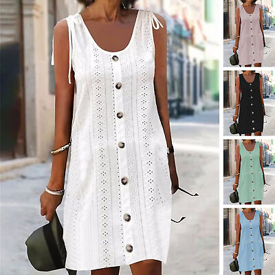 #ad Women Summer Dress Button Decor U Neck Loose Dress up Strap Party Dress Clothes $25.85