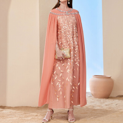 Orange Pink Mesh Embroidered Dress Dubai Socialite Maxi Skirt Muslim Kaftan $80.16