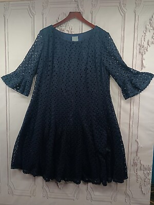 Rabbit Rabbit Rabbit Woman Plus Dress Size 16W Navy Blue Crochet Overlay Shift $15.95