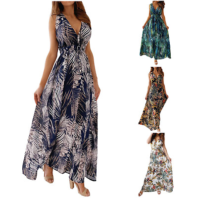 #ad Women Boho Floral V Neck Maxi Long Dress Ladies Holiday Beach Swing Sundress US $11.27