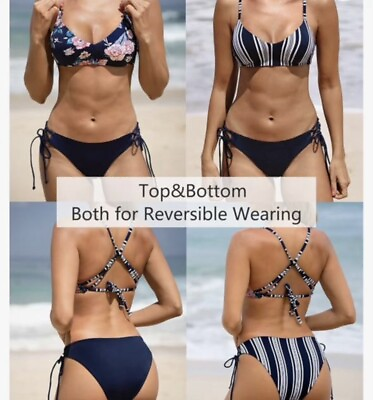 #ad CUPSHE Women Swimsuit Bikini Set Reversible Crisscross Tie Back Size Medium $24.00
