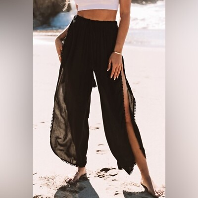Black Lace Trim Along Split Leg Beach Cover Up Pants Size XL $25.00