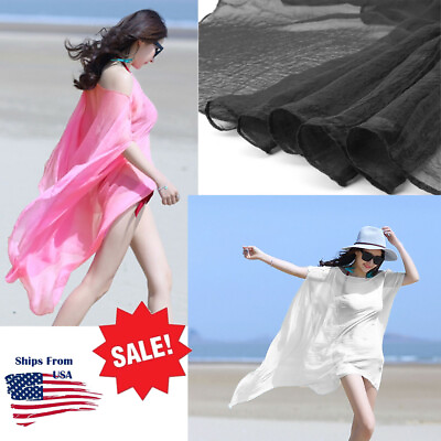 Women#x27;s Sheer Bikini Cover Up Swimwear Swim Bathing Suit Summer Beach Mini Dress $3.65