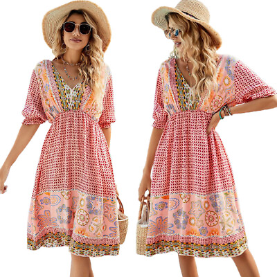 #ad Summer Women Short Dress Floral Print V Neck Holiday Boho Party Gypsy Boho Gown $25.36