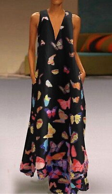 #ad Misslook Womens Black Maxi Dress Butterfly Print V Neck Side Pockets A Line M? $32.88