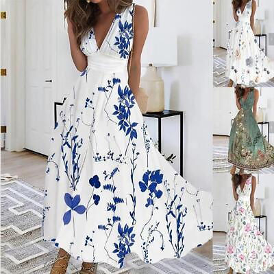 #ad Women Floral V Neck Maxi Dress Ladies Evening Party Holiday Beach Sundress $24.99