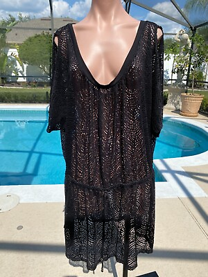 #ad Catalina Black Mesh Beach Dress Cover Up Long Sheer Boho Chic 2X $13.96
