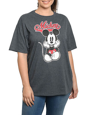 #ad Women#x27;s Plus Size Mickey Mouse T Shirt Charcoal Gray Varsity Script $14.99