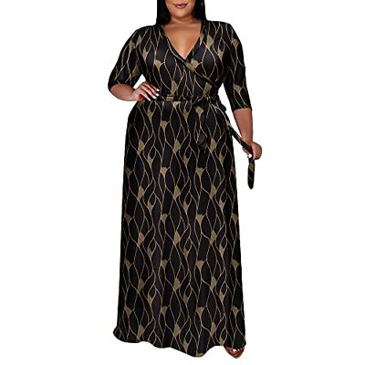 #ad Plus Size Dresses for Women Floral Maxi Dress Flowy 3 4 XX Large Black Lines $49.91