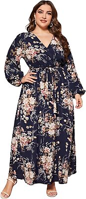#ad WDIRARA Women#x27;s Plus Size Floral Print V Neck Belted Bishop Long Sleeve Dress $84.90