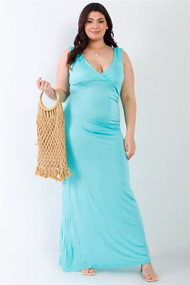 #ad Plus V neck Sleeveless Maxi Dress Light Blue $24.99