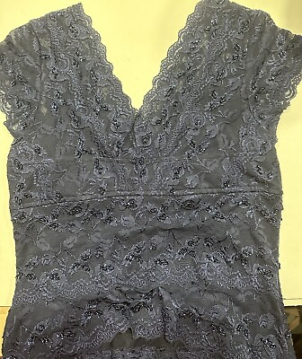 #ad Cache Navy Blue Lace Beaded Evening Dress Size 10 Layered amp; Lined Stretchy $19.99