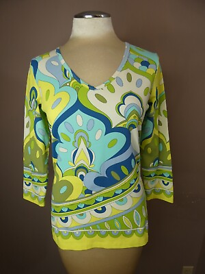 #ad J McLaughlin Dillards Women#x27;s S Geo Print Top Nylon Blue Green V Neck 3 4 Sleeve $35.00