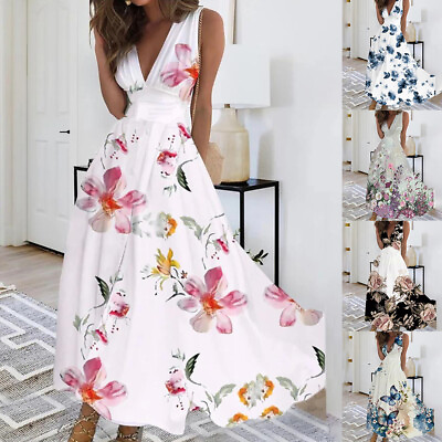 #ad Women V Neck Boho Floral Maxi Long Dress Ladies Summer Holiday Party Sundresses $22.89