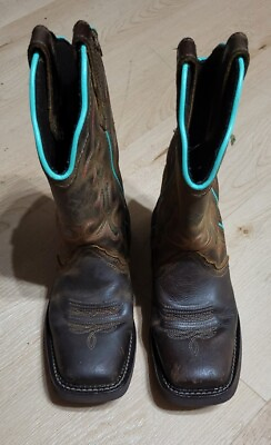 #ad Justin women#x27;s 6 brown turquoise trim leather midcalf cowboy western boho boots $39.00