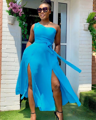#ad Women Evening Party Formal Maxi Dress Single Shoulder Sleeveless Slit Maxi Dress $25.39