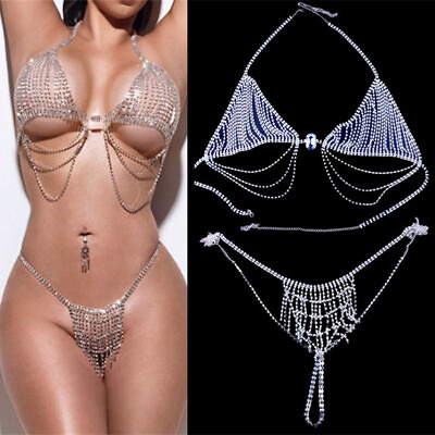 Hot New Body Jewelry Bra Thong Set Tassel Sexy Bikini Rhinestone Body Chain Har $22.00