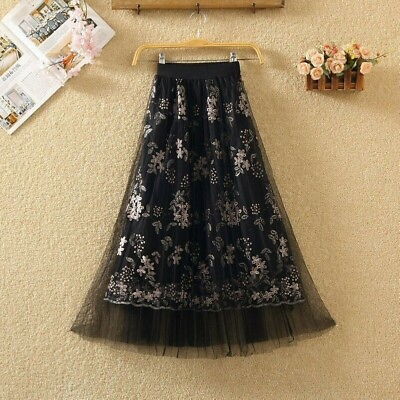#ad Lady Tulle Lace Mesh Skirt Floral A line Pleated TUTU Embroidered Midi Long Chic $28.55