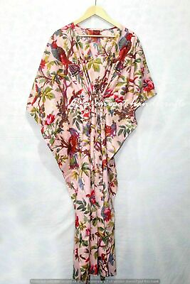 Indian Baby Pink Long Bird Print Cotton Hippie Maxi Women Nightwear Caftan Dress $22.31
