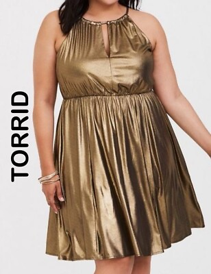 #ad Torrid Gold Shimmer Halter Skater Dress Sleeveless Fit amp; Flare Plus Size 3 NWT $49.99