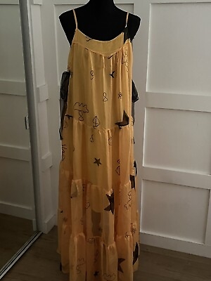 Fashion Mia Yellow Maxi Dress W Black Stars amp; Side Ribbon SZ M $28.00