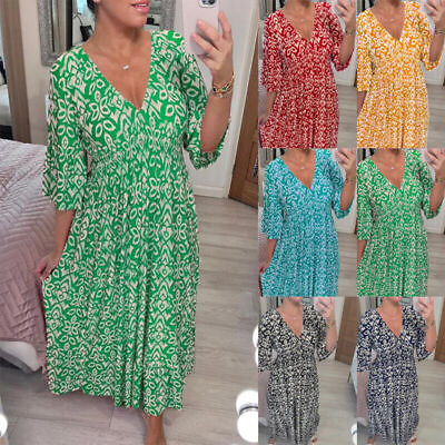 #ad Womens Summer Maxi Dresses Plus Size V Neck Floral Seaside Holiday Casual Loose $14.99